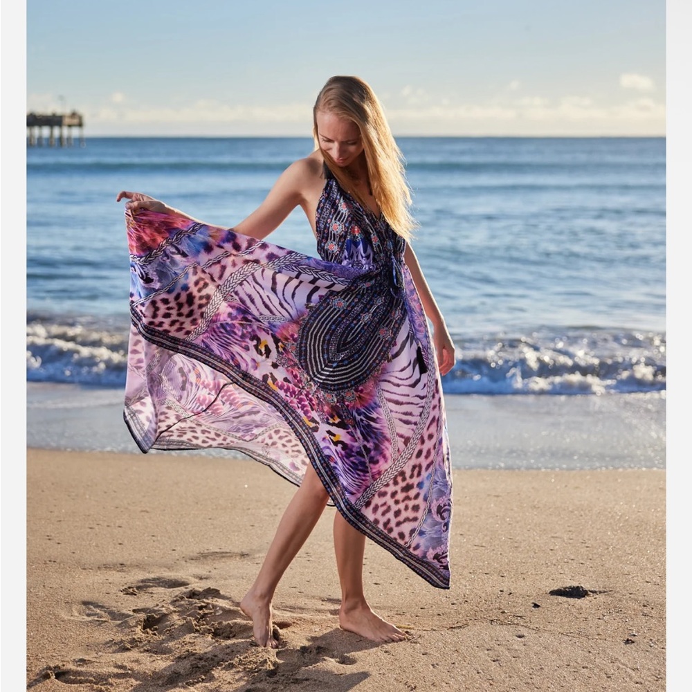 Ranee’s 691 Pink Purple Halter Printed Maxi Coverup Resort Swim Animal Dress - Picture 3 of 11